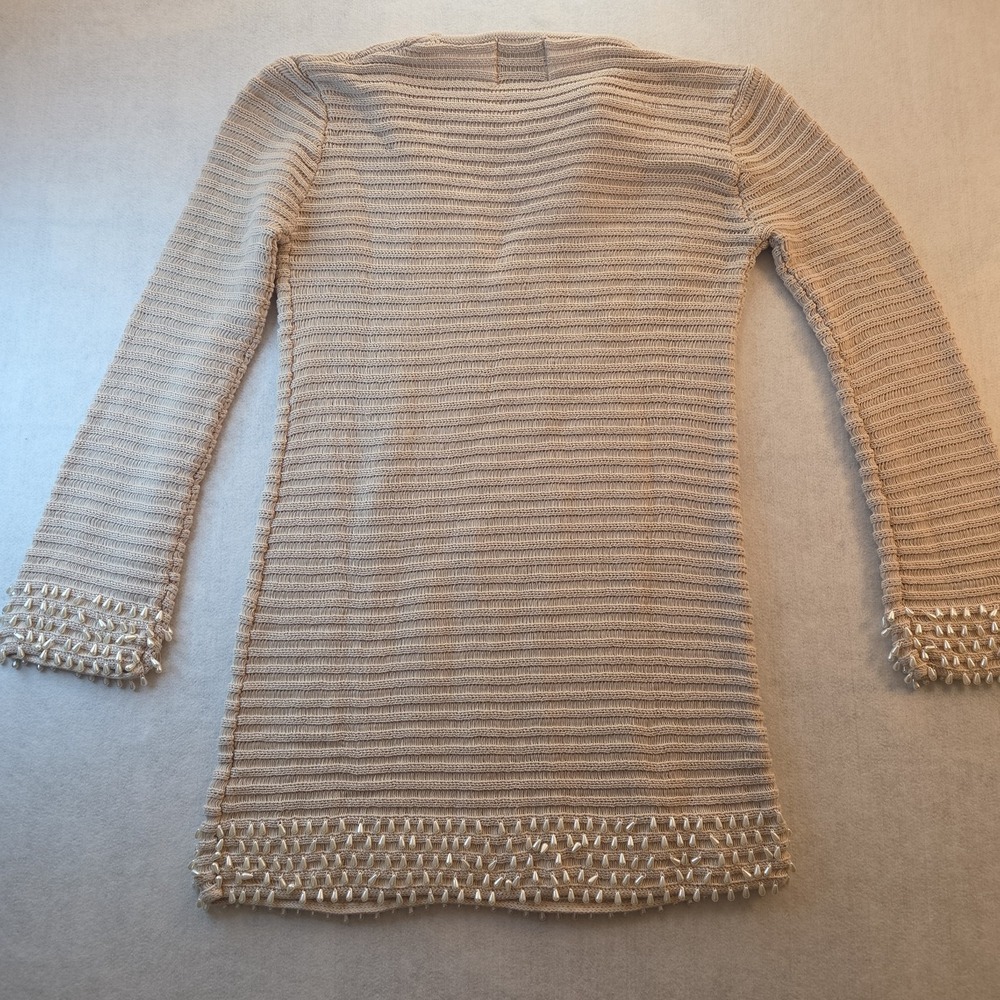 Celandine Bead Trim Knit Long Sleeve Mini Shift Dress Size M/L Beige Boho Resort - Picture 5 of 7
